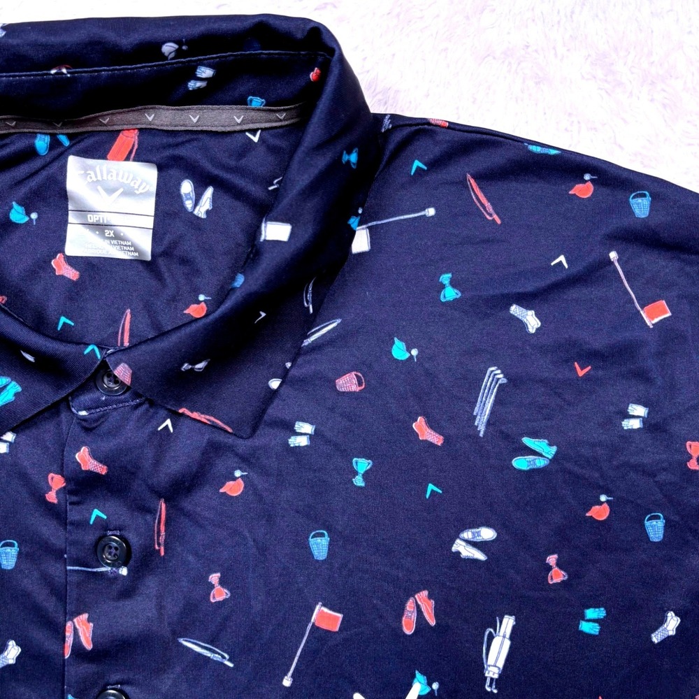 Callaway Polo Mens 2X Navy Golf Motif Print Opti-Dri Stretch Short Sleeve Shirt